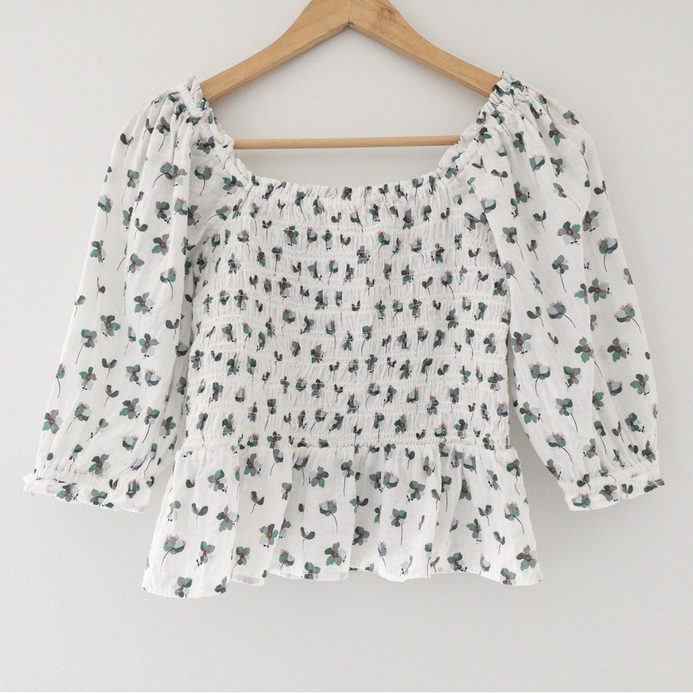 Loft Floral Smocked Puff Sleeve Peplum Top